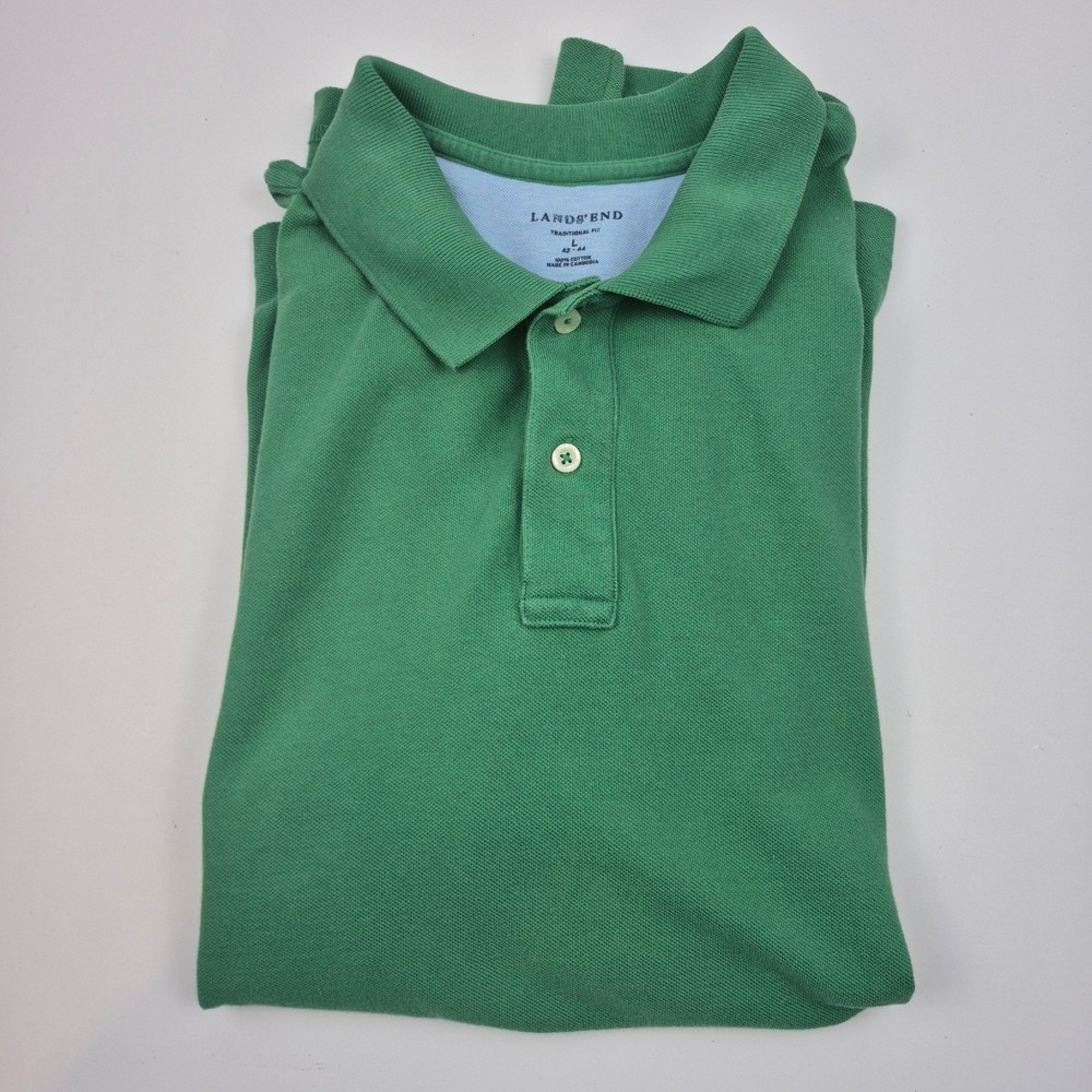 Lands' End Mens Green Polo Shirt Traditional Fit 100% Cotton Casual Short Sleeve